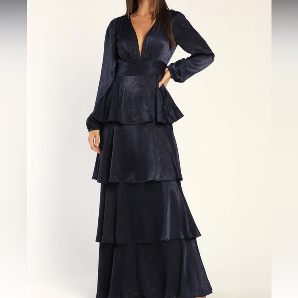 Lulus Tier For Love Navy Blue Satin Long Sleeve Tiered Maxi Dress